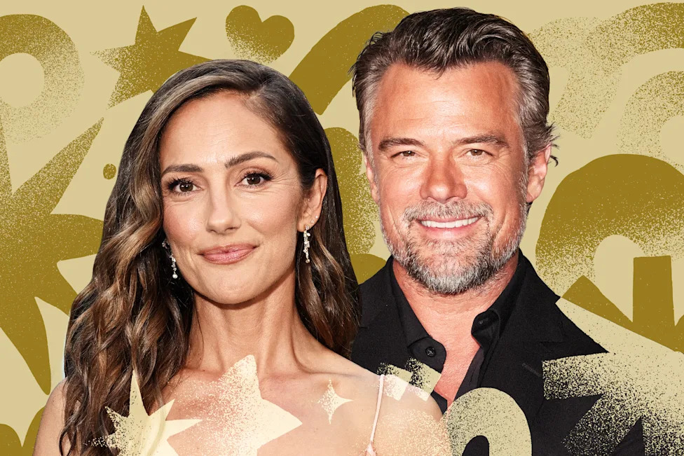 Minka Kelly and Josh Duhamel side by side against a textured beige and gold graphic background with abstract stars, hearts and circular shapes. Both face the camera with relaxed smiles.