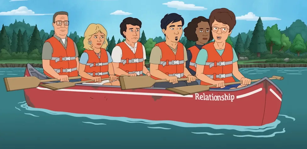 Still from King of the Hill Season 15 with Hank and Peggy in a canoe