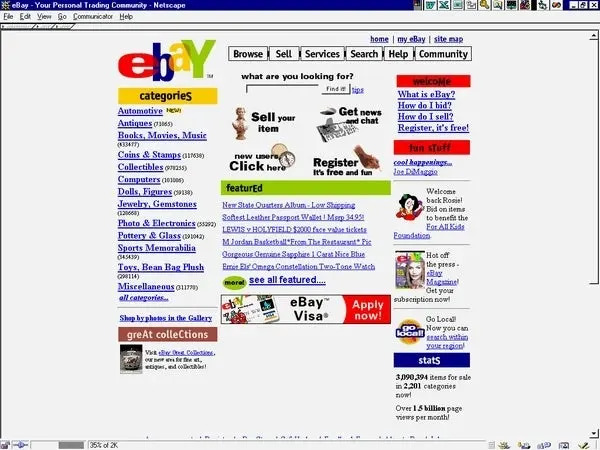 Early 2000s eBay homepage screenshot showing categories like Automotive and Antiques, with a search bar and various promotional links