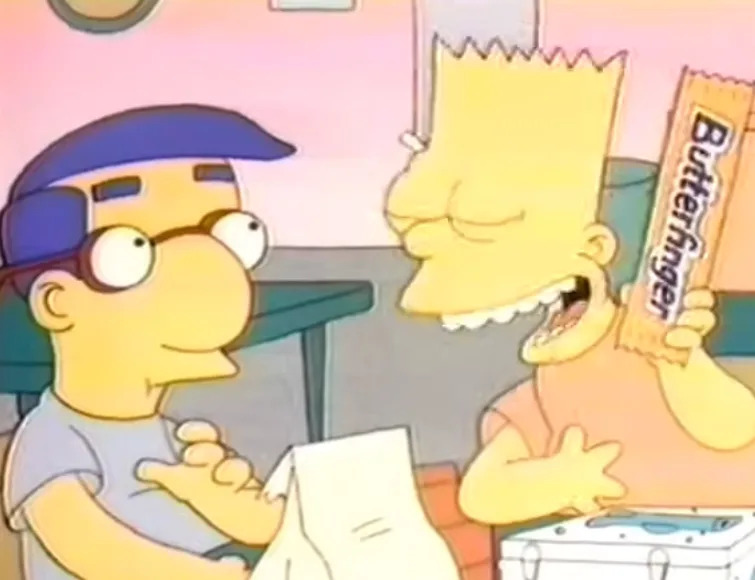 Bart Simpson holds a Butterfinger bar, smiling, while sitting with Milhouse at a table