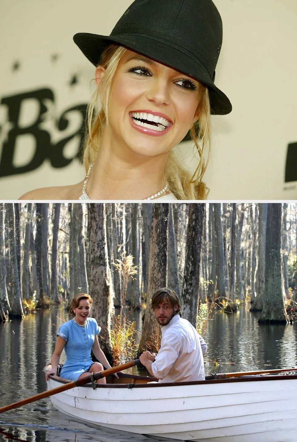 Britney Spears in 2003; Ryan Gosling and Rachel McAdams in "The Notebook"