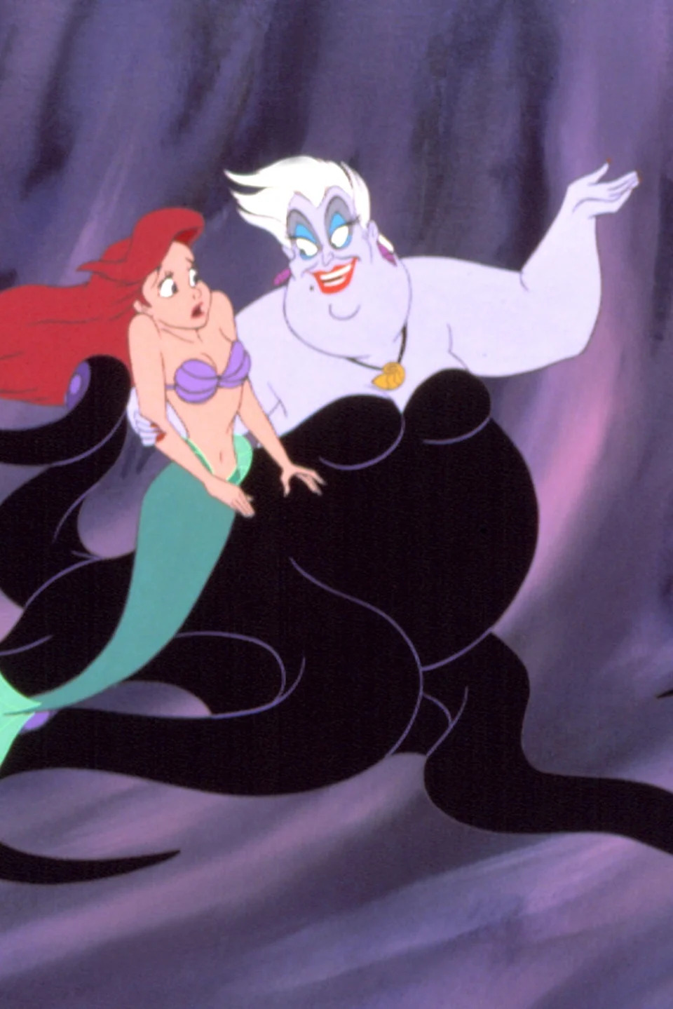 Animated mermaid talking with a sea witch who has tentacles