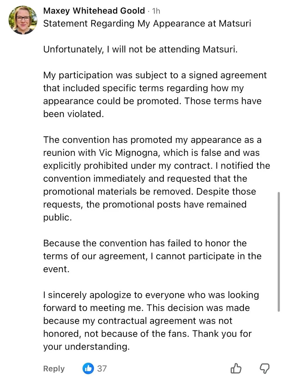 A screenshot of a Facebook comment in which former "Fullmetal Alchemist" voice actress Maxey Whitehead announces she will not attend Anime Matsuri in Houston. (Screenshot)