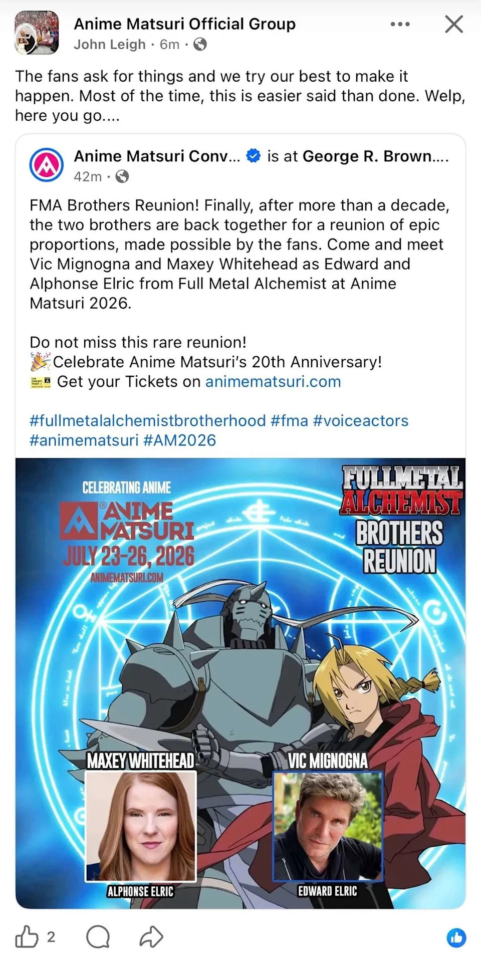 A screenshot of a Facebook post announcing a reunion with former "Fullmetal Alchemist" voice actors Maxey Whitehead and Vic Mignogna. The post has now been deleted. (Screenshot)