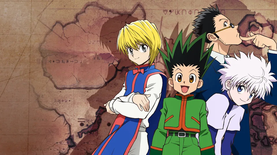 Characters from "Hunter x Hunter" including Kurapika, Gon, Leorio, and Killua, stand in front of a map.