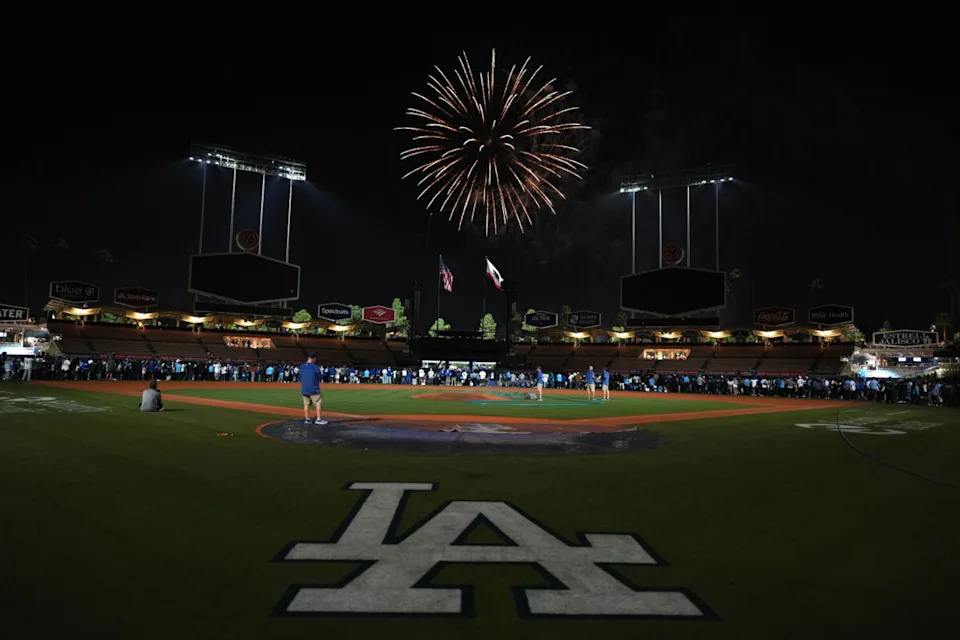 Sep 22, 2023; Los Angeles, California, USA; A general overall view of fireworks after the game between the Los Angeles Dodgers and the San Francisco Giants at Dodger Stadium. Mandatory Credit: Kirby Lee-USA TODAY Sports