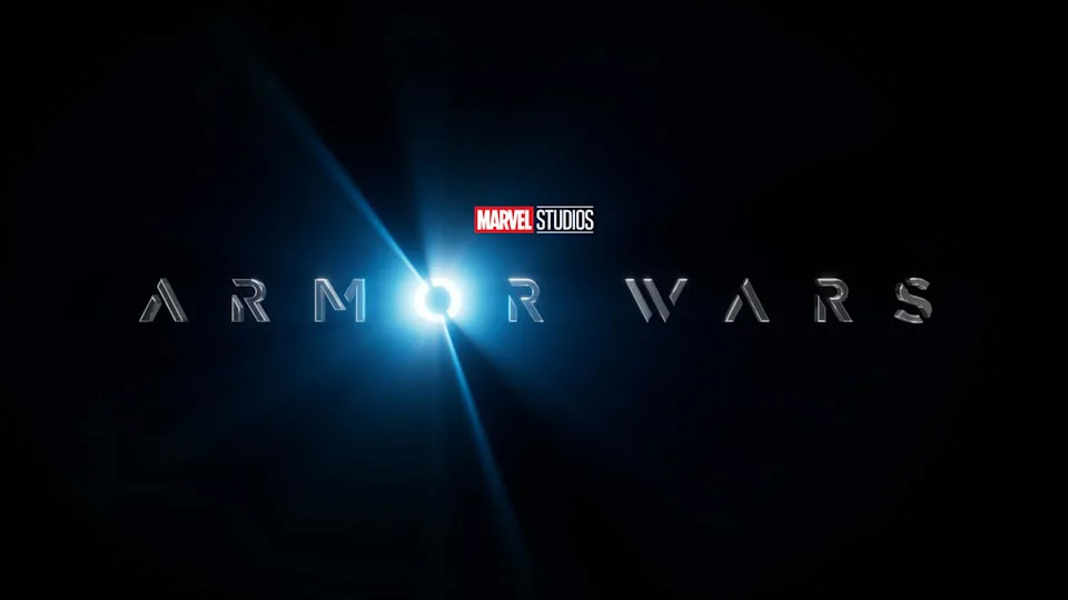 Marvel Studios logo with the title "ARMOR WARS" in metallic letters against a dark background with a bright light effect.