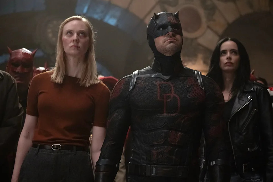 l r karen page deborah ann woll, matt murdockdaredevil charlie cox and jessica jones krysten ritter in marvel television's daredevil born again season 2, exclusively on disney photo by jojo whilden © 2026 marvel
