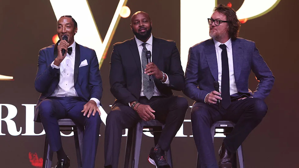 Scottie Pippen, Horace Grant and Luc Longley speak during the 2024 NBL MVP Awards Night at CIEL The Venue on February 19, 2024 in Melbourne, Australia.