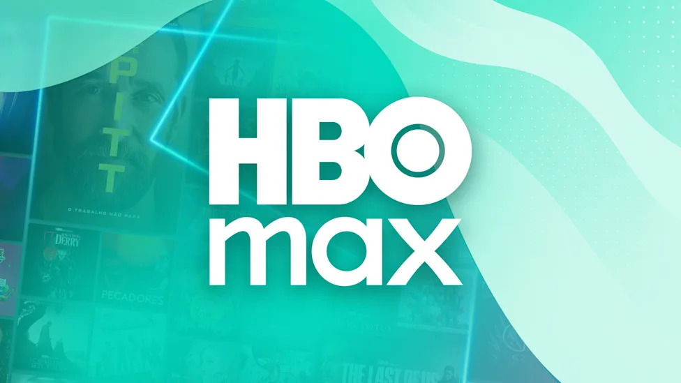HBO Max logo over a blurred background of movie and TV show posters with abstract teal shapes.