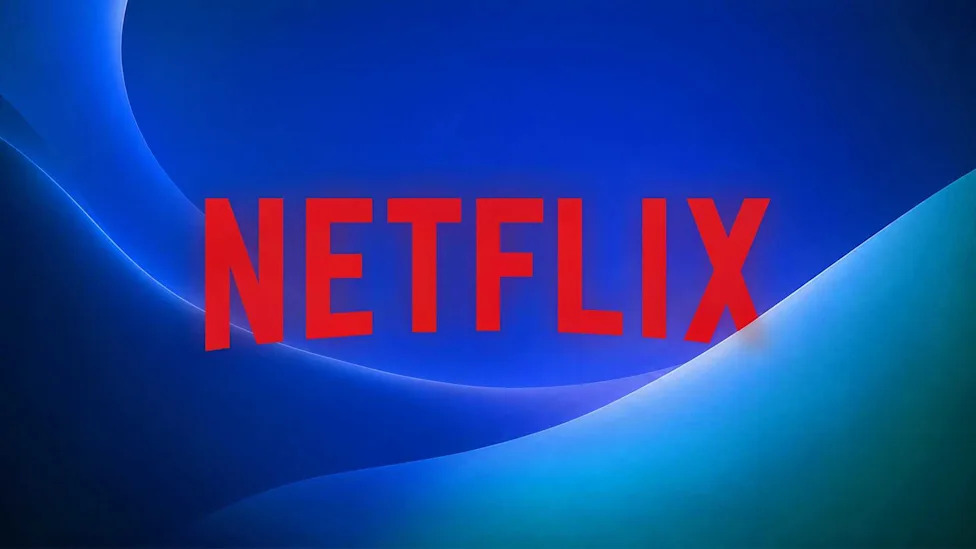 Netflix logo on a blue abstract background.