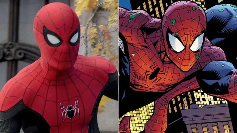 Spider-Man crouching in "Spider-Man: No Way Home" and webswinging in the comics