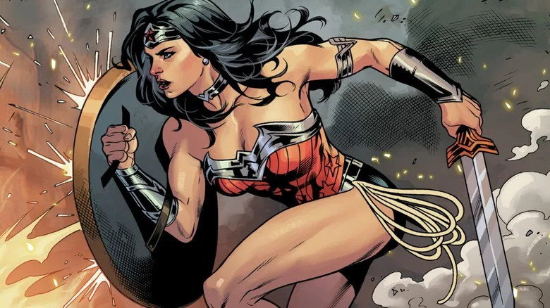 Wonder Woman holding shield and sword