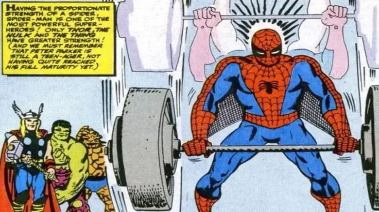 Spider-Man lifting weights while Thor, Hulk, and Thing watch