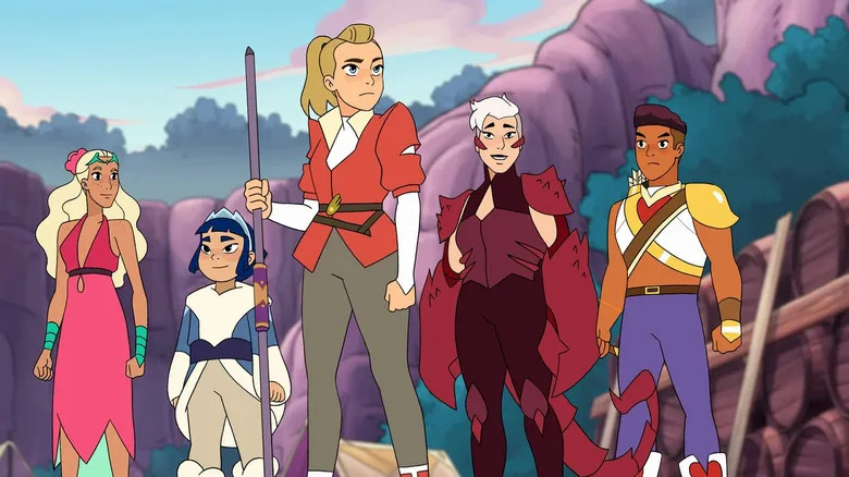 Adora, Bow, Perfuma, Frosta, and Scorpia surveying the wilderness on Etheria in She-Ra and the Princesses of Power (2018)