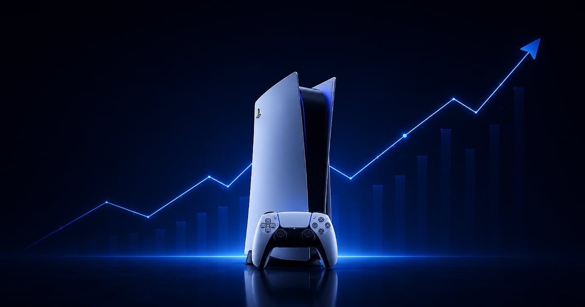 A PlayStation 5 console and DualSense controller centered against a dark blue background with a glowing upward stock chart, representing Sony's digital gaming growth.