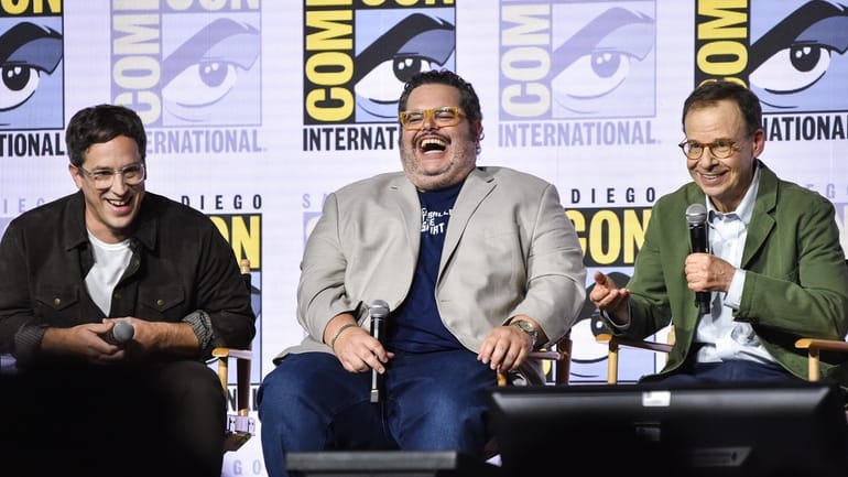 Josh Greenbaum, from left, Josh Gad, and Rick Moranis attend...