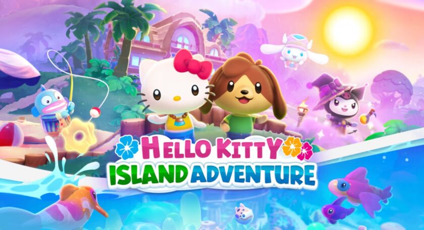 Title of Hello Kitty Island Adventure in bright colourful letters, with Hello Kitty and other SANRIO characters swimming, fishing and playing on a beach and in the sea. Published on LadiesGamers