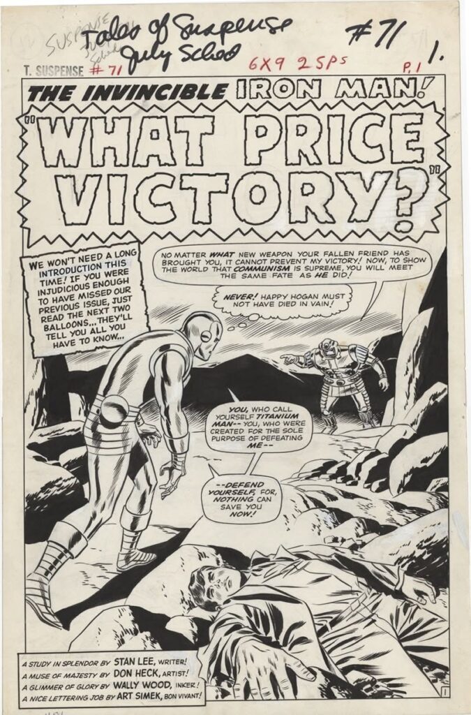 The splash page of Tales of Suspense #71, pencilled by Don Heck, inked by Wally Wood, via Walt Simonson
