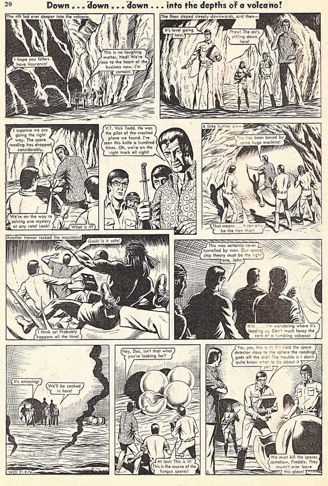A page from an episode of “The Wriggling Wrecker”, a strip drawn by Dave Gibbons for DC Thomson, which appeared in Wizard during 1974. With thanks to Philip Rushton