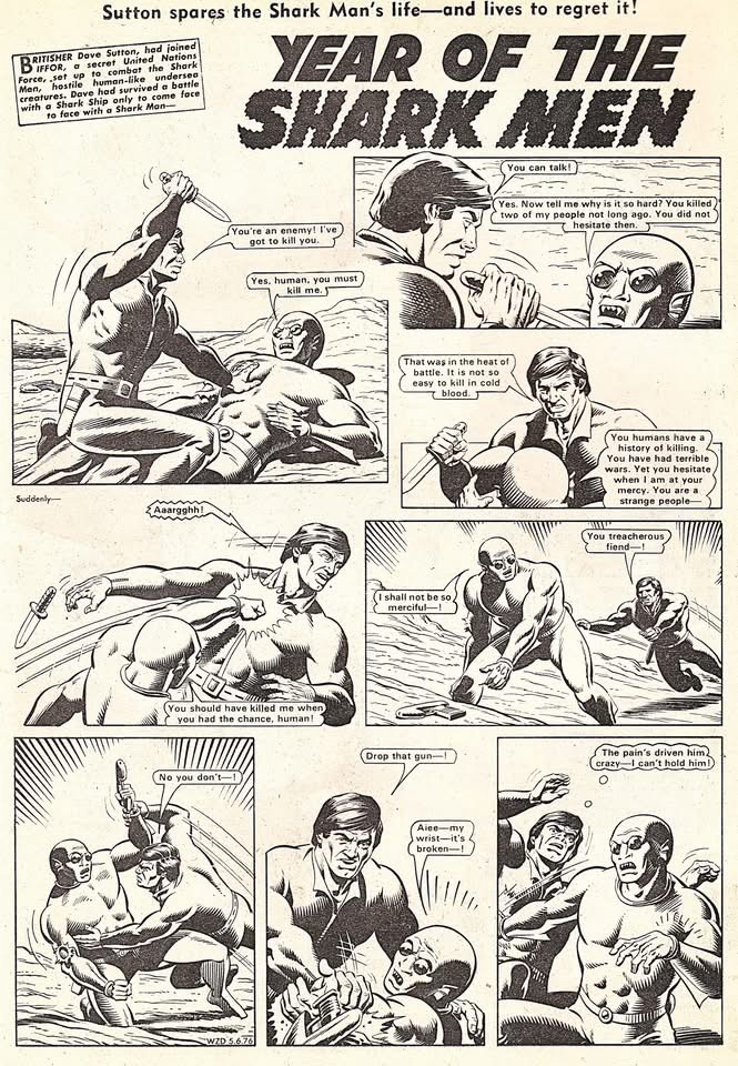 An episode of “Year Of The Shark Men” from 1976 - one of Dave Gibbons' early Wizard strips for DC Thomson, along with that issue's cover by Jeff Bevan. With thanks to Philip Rushton