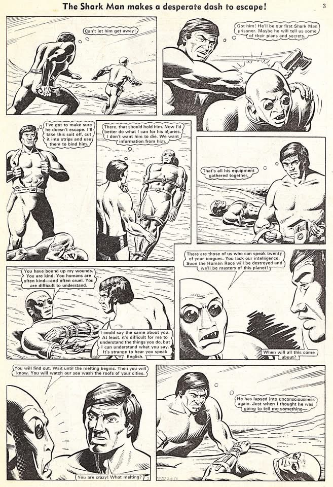 An episode of “Year Of The Shark Men” from 1976 - one of Dave Gibbons' early Wizard strips for DC Thomson, along with that issue's cover by Jeff Bevan. With thanks to Philip Rushton