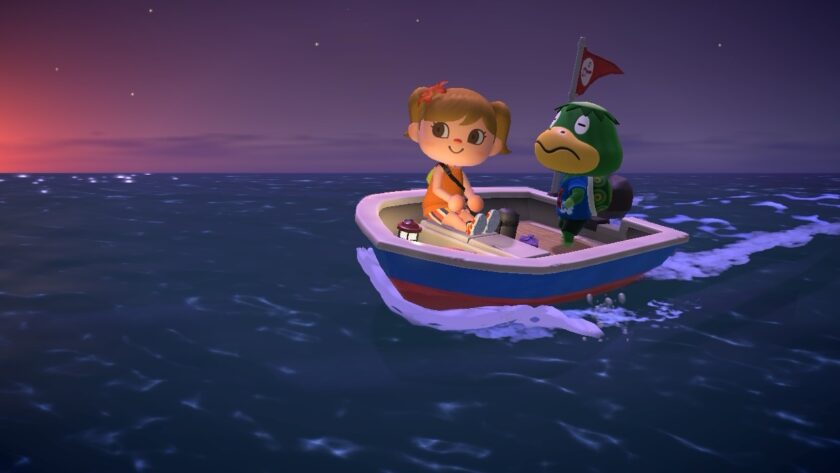 A peaceful boat ride across the ocean at sunset, with a player character sitting cheerfully beside Kapp’n, the green turtle captain. The sky glows with twilight colors as stars begin to appear. Published on: LadiesGamers