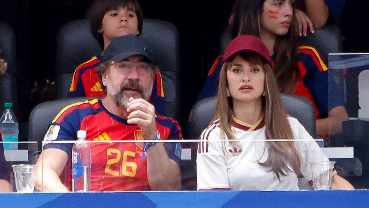 Javier Bardem and Penelope Cruz at the quarterfinal match between Spain and Belgium