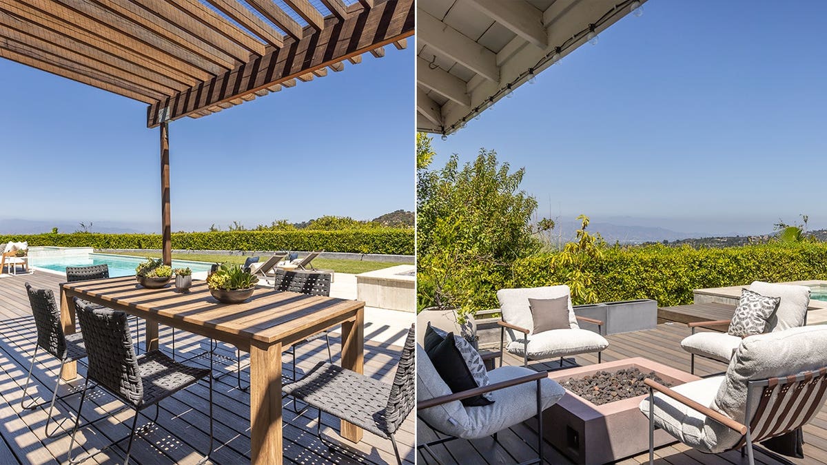 A split image of an outdoor dining area and a firepit.