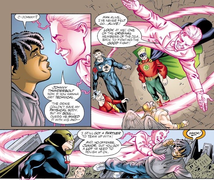 Three panels from JSA #37. Johnny Thunder, now a glowing pink genie, picks up a shocked and happy Jakeem and flies him around while the JSA smiles.