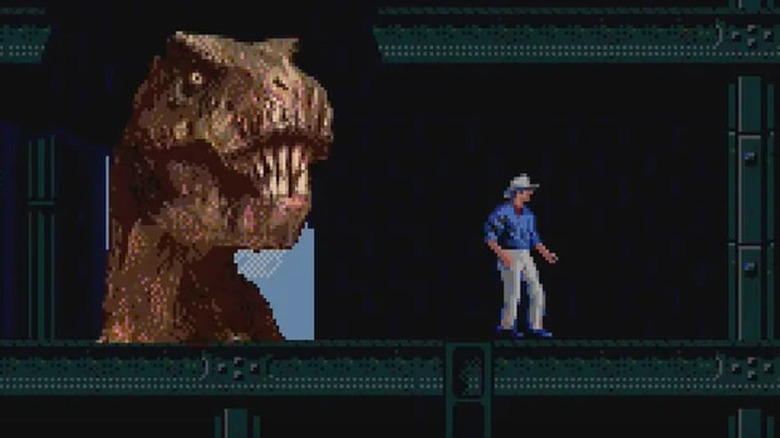 Alan Grant faces away from a T-Rex in Jurassic Park