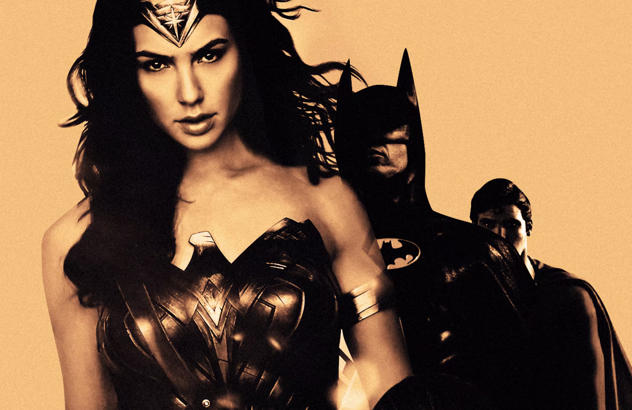 Wonder Woman, Batman, and Superman stand together in a stylized, sepia-toned image.