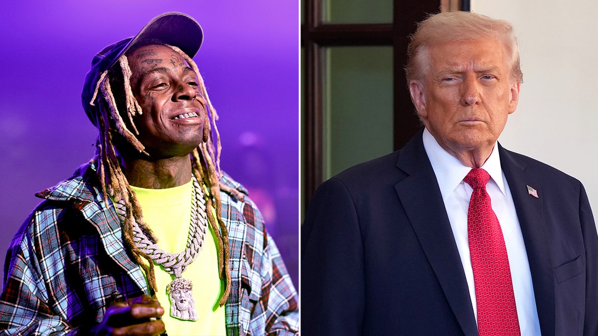 Lil Wayne performs onstage; Donald Trump waits outside the White House in a split-screen image.