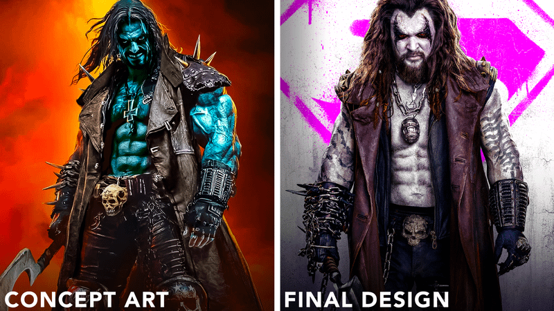 Lobo concept art vs Jason Momoa as Lobo in Supergirl.