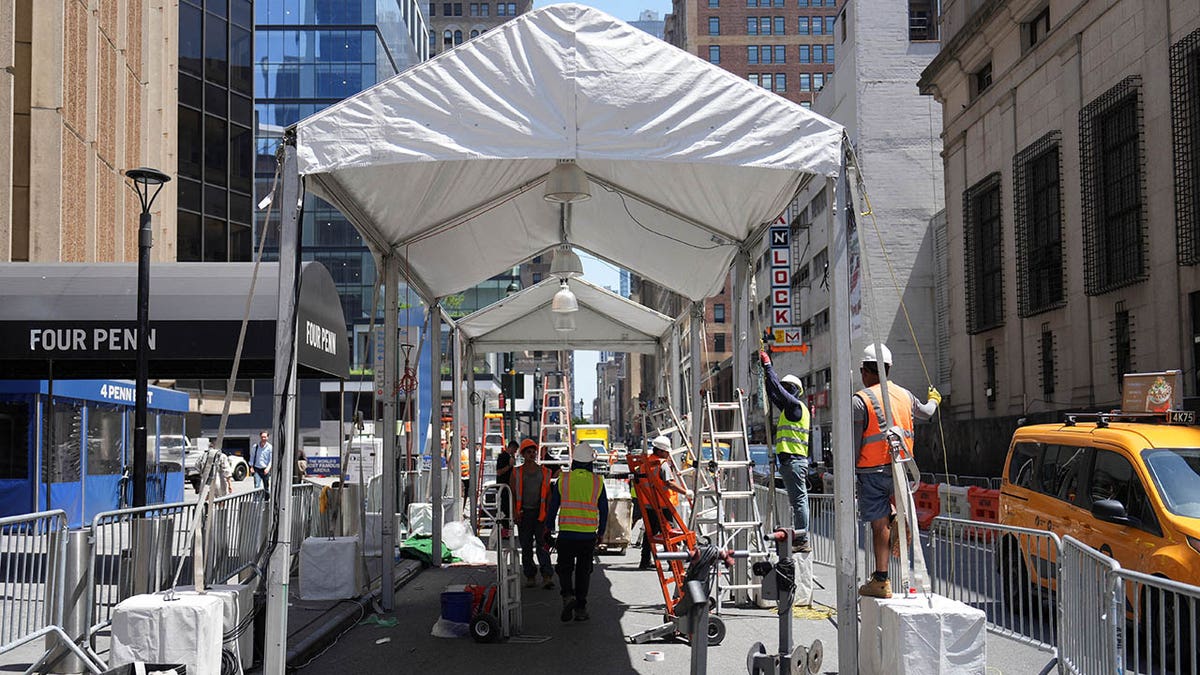A tent is erected outside Madison Square Garden, seemingly in preparation for Taylor Swift's rumored wedding