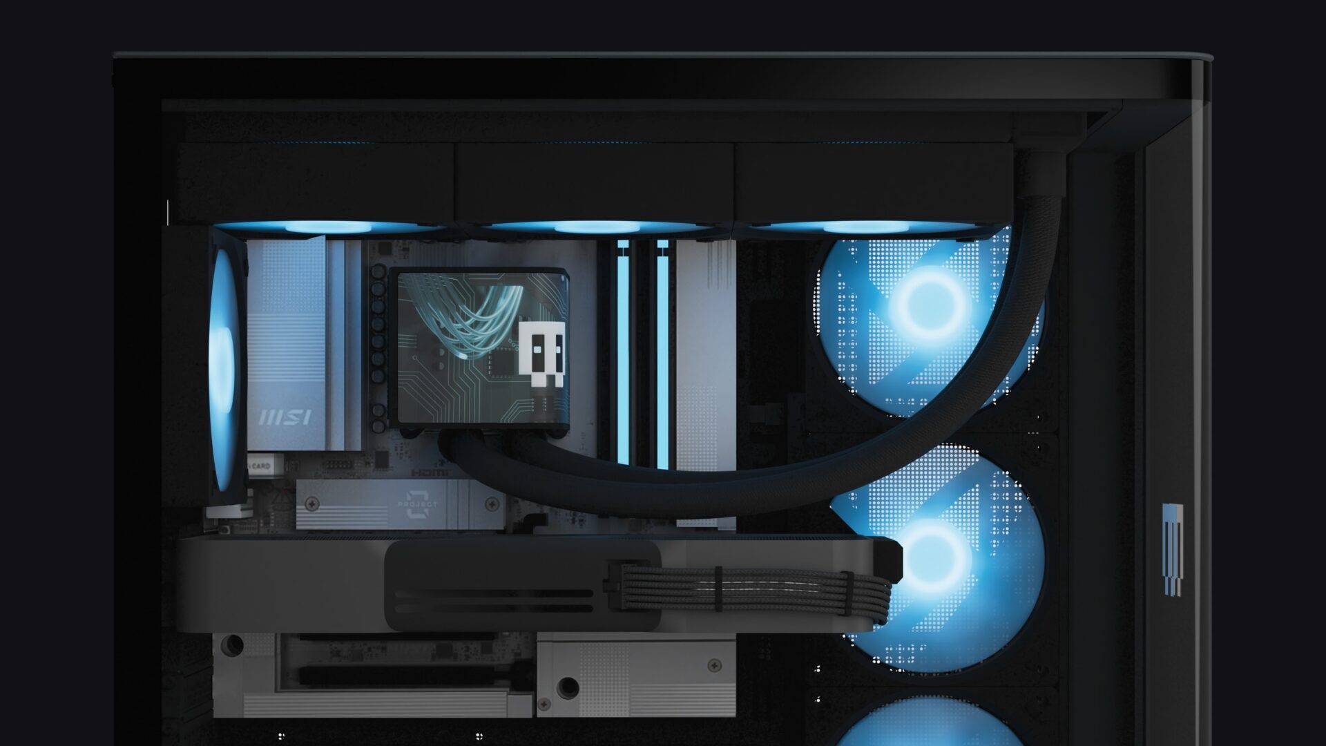 MAINGEAR Zero panoramic glass gaming PC side view with liquid cooling