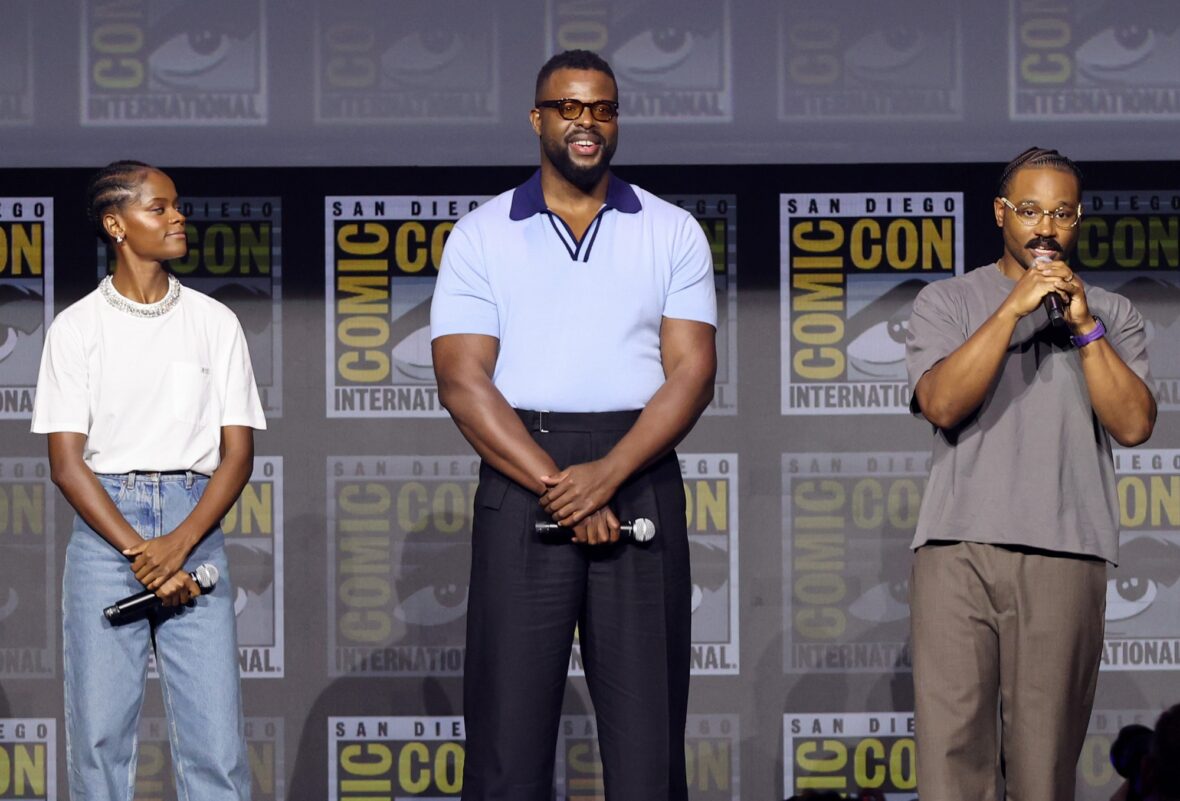 Letitia Wright, Winston Duke and Ryan Coogler on stage during Marvel's panel at Comic-Con