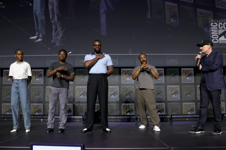 Letitia Wright, David Jonsson, Winston Duke, Ryan Coogler and Kevin Feige on stage at Comic-Con