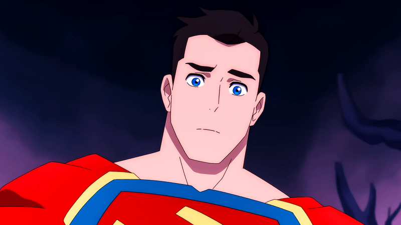Superman with blue eyes and a worried look on his face.