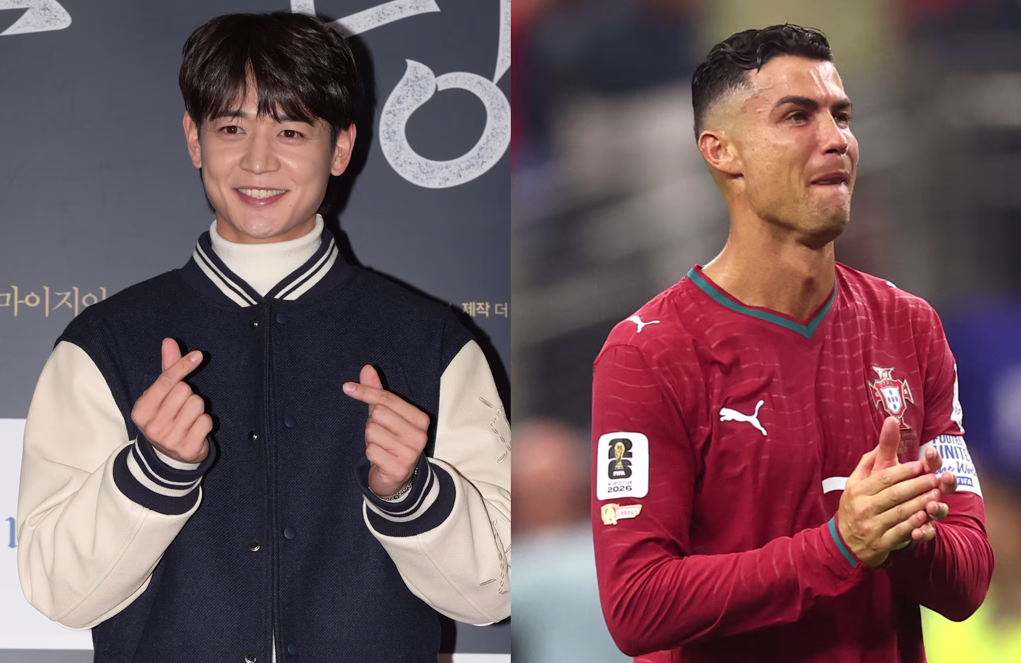 K-pop star Minho making a heart gesture, and footballer Cristiano Ronaldo clapping in a red jersey.