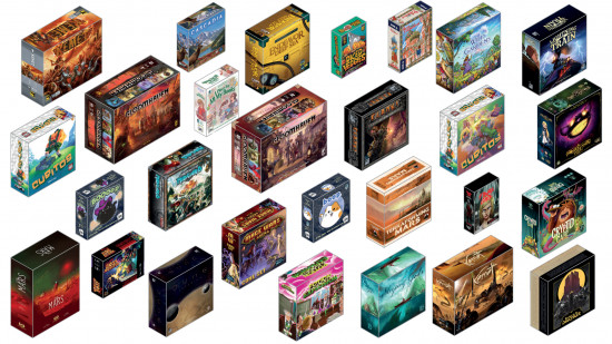 A large number of tiny board game boxes from season one of the Shelfy collectible