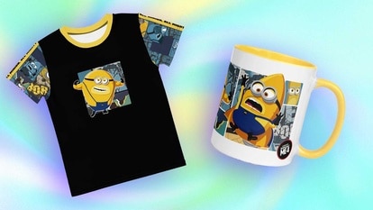 A Minions t-shirt and Minions coffee cup on a dreamy pastel background