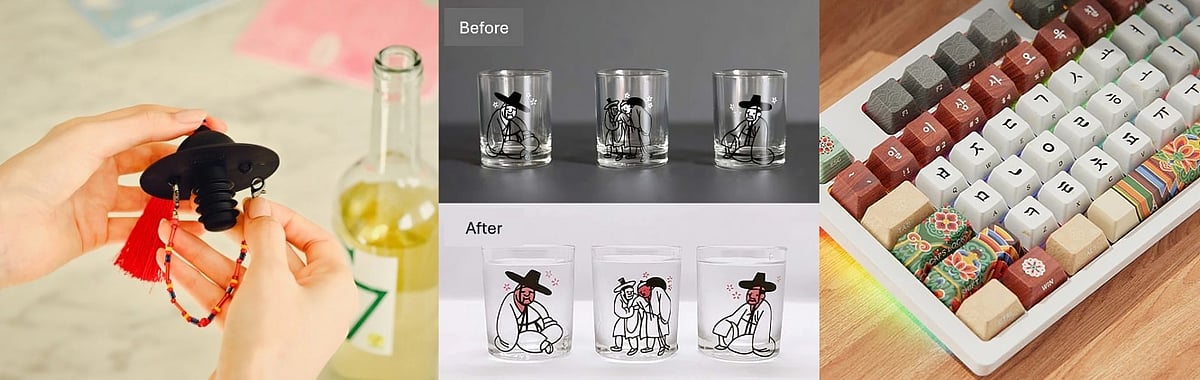This three-panel product showcase highlights modern lifestyle merchandise inspired by traditional Korean heritage. On the left, a person holds a black silicone bottle stopper shaped like a traditional Korean hat (gat) featuring a vibrant red tassel and a colorful beaded string. The center panel displays a "Before" and "After" comparison of three clear shot glasses printed with Joseon-era ink illustrations that transform from black-and-white to showing a pink and red blush when filled with liquid. On the right, a white mechanical keyboard features custom keycaps decorated with Hangul characters, wood-grain textures, and colorful traditional Dancheong architectural paint motifs.
