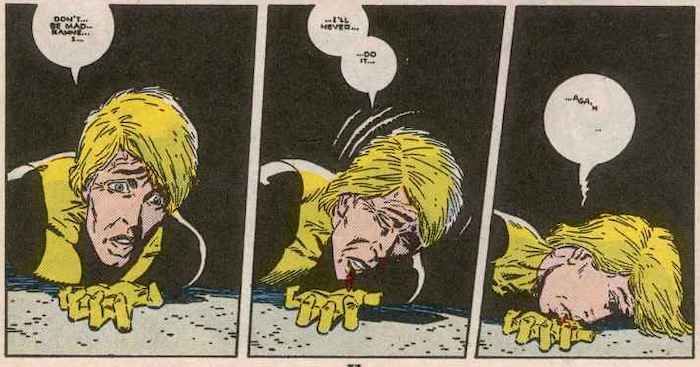 Three panels from New Mutants #60. A shellshocked Doug gasps out his last words, then collapses, eyes staring blankly.