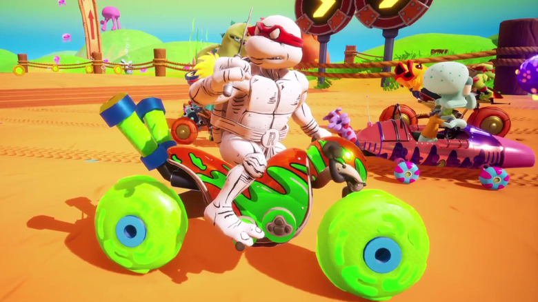 Comic book Raphael looks back while driving a motorcycle in Nickelodeon Kart Racers 3: Slime Speedway