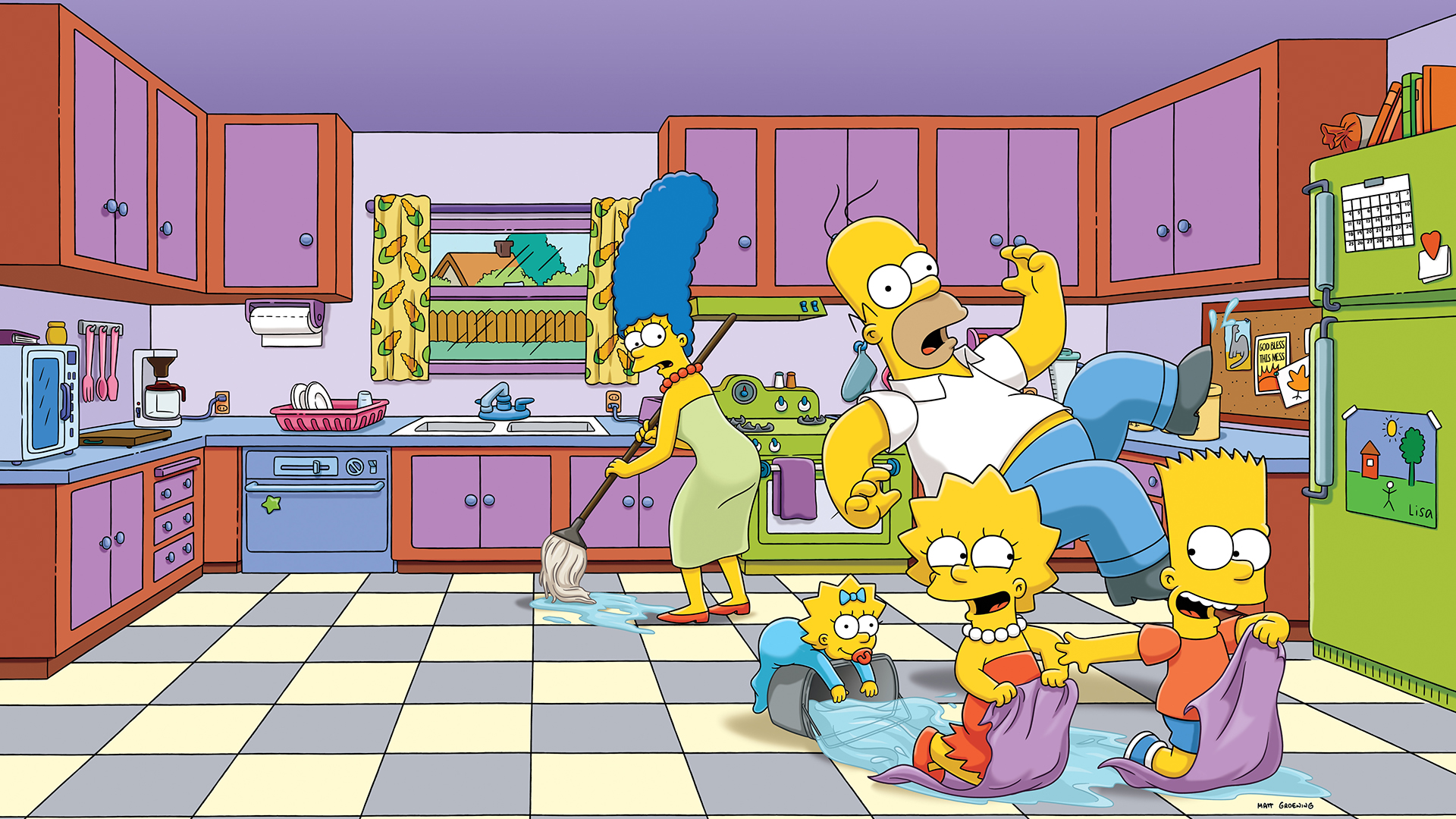 Homer Simpson sits at a kitchen table holding a fork between two pies while Lisa and Marge look on with concerned expressions.