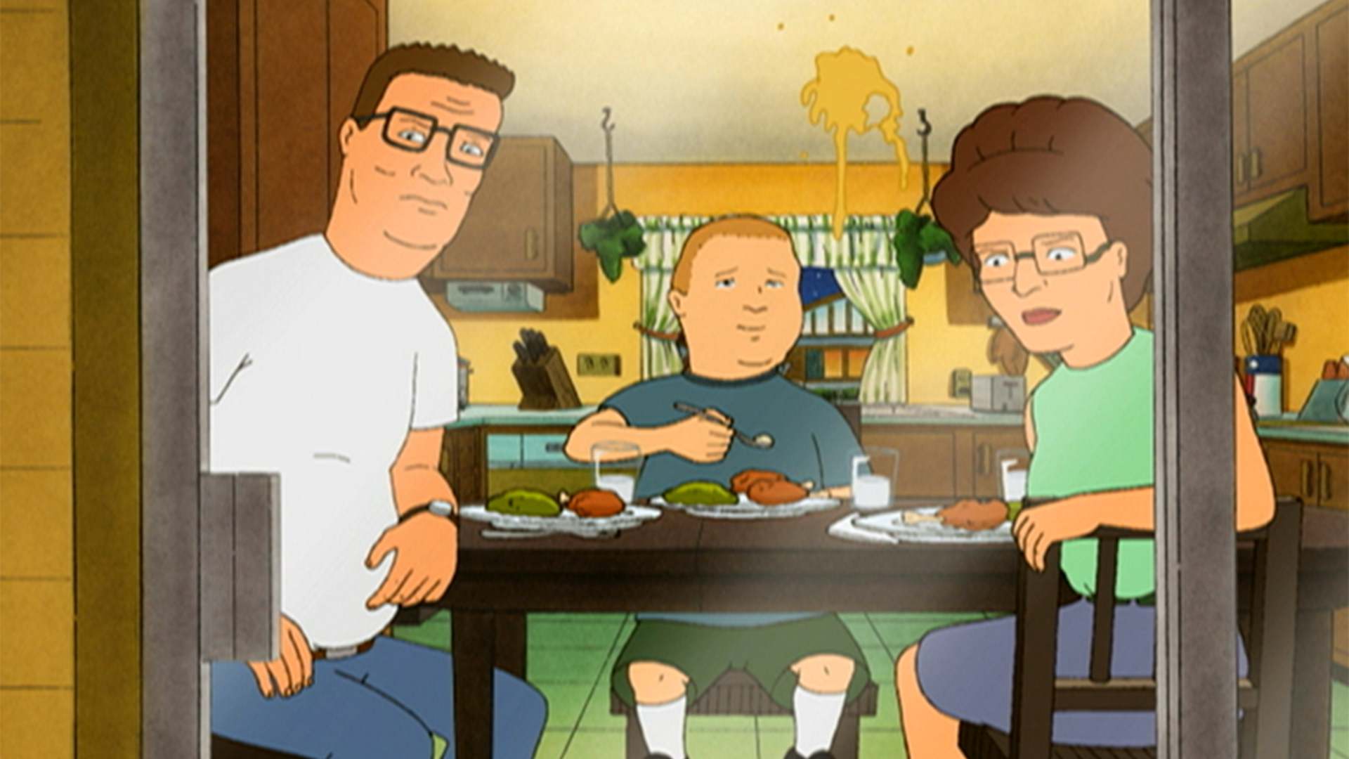 Hank, Peggy, and Bobby eat dinner at the table in an early King of the Hill episode.