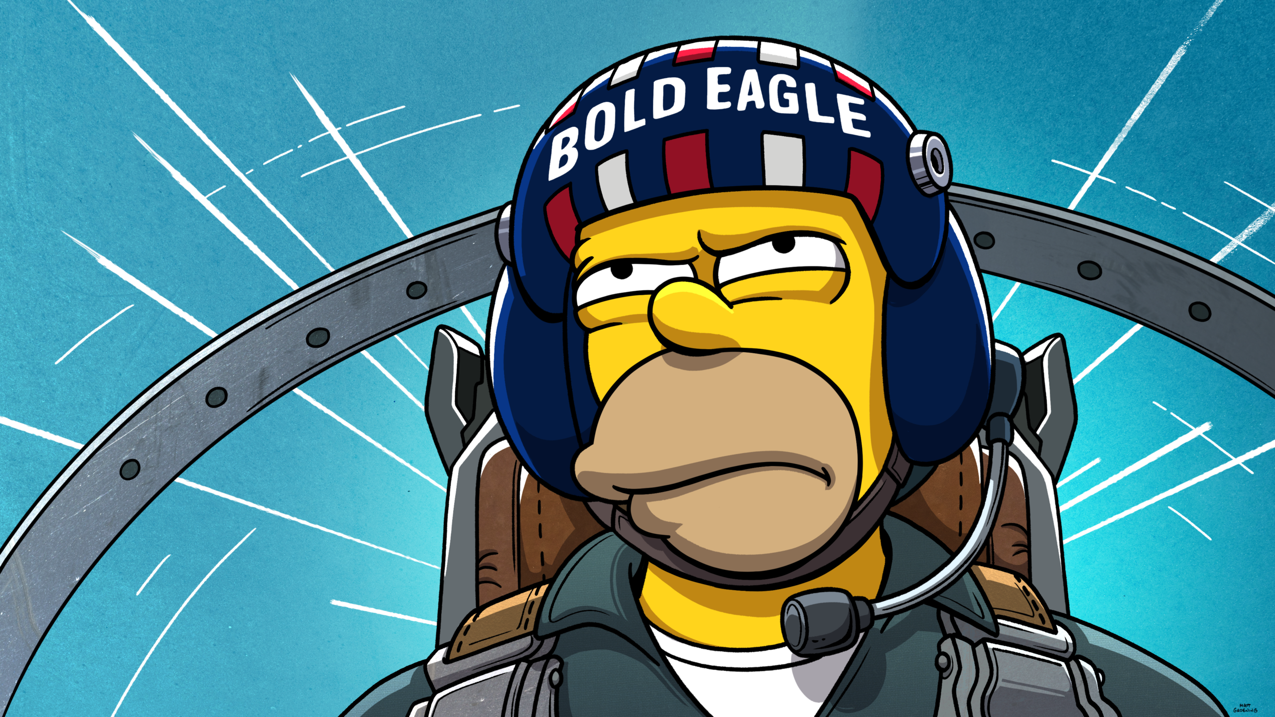 Homer Simpson flying a fighter jet, wearing a hemet that reads "Bold Eagle"