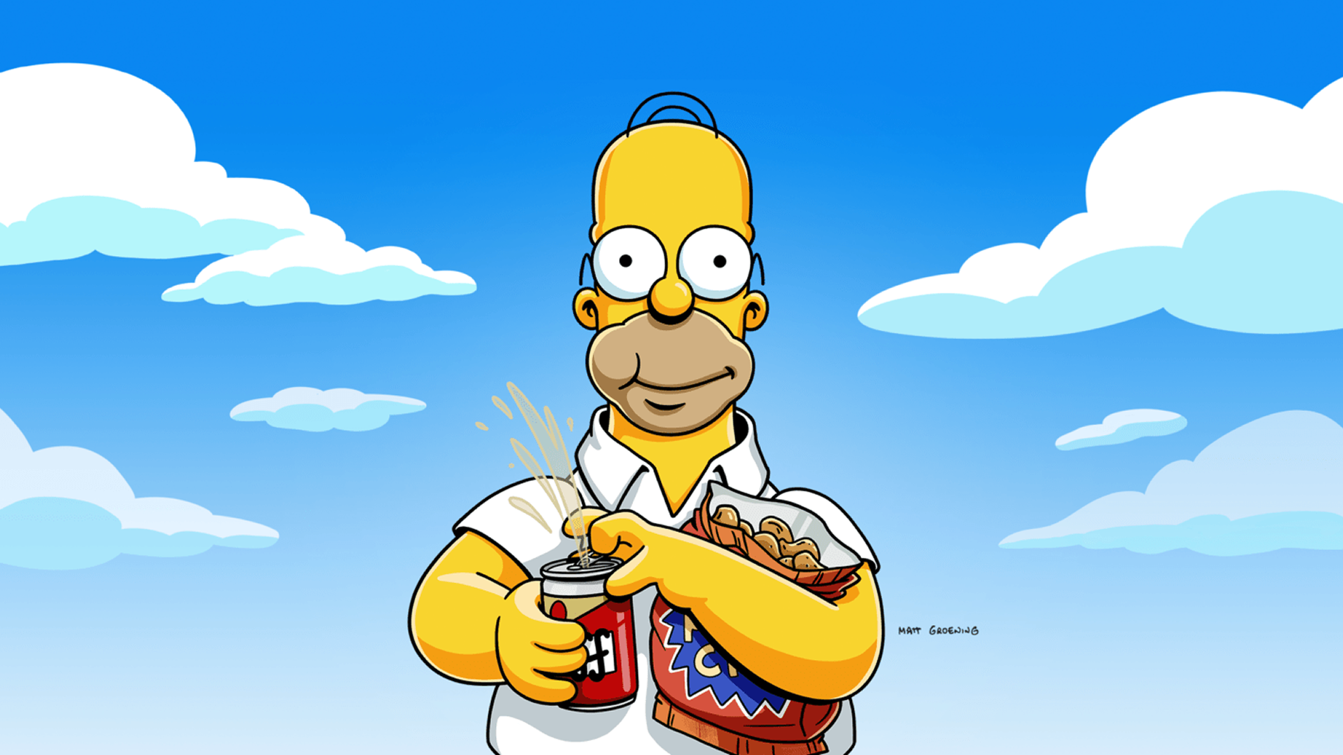 Homer Simpson smiles while opening a spraying can of Duff Beer and holding a bag of chips against a blue sky with fluffy white clouds.
