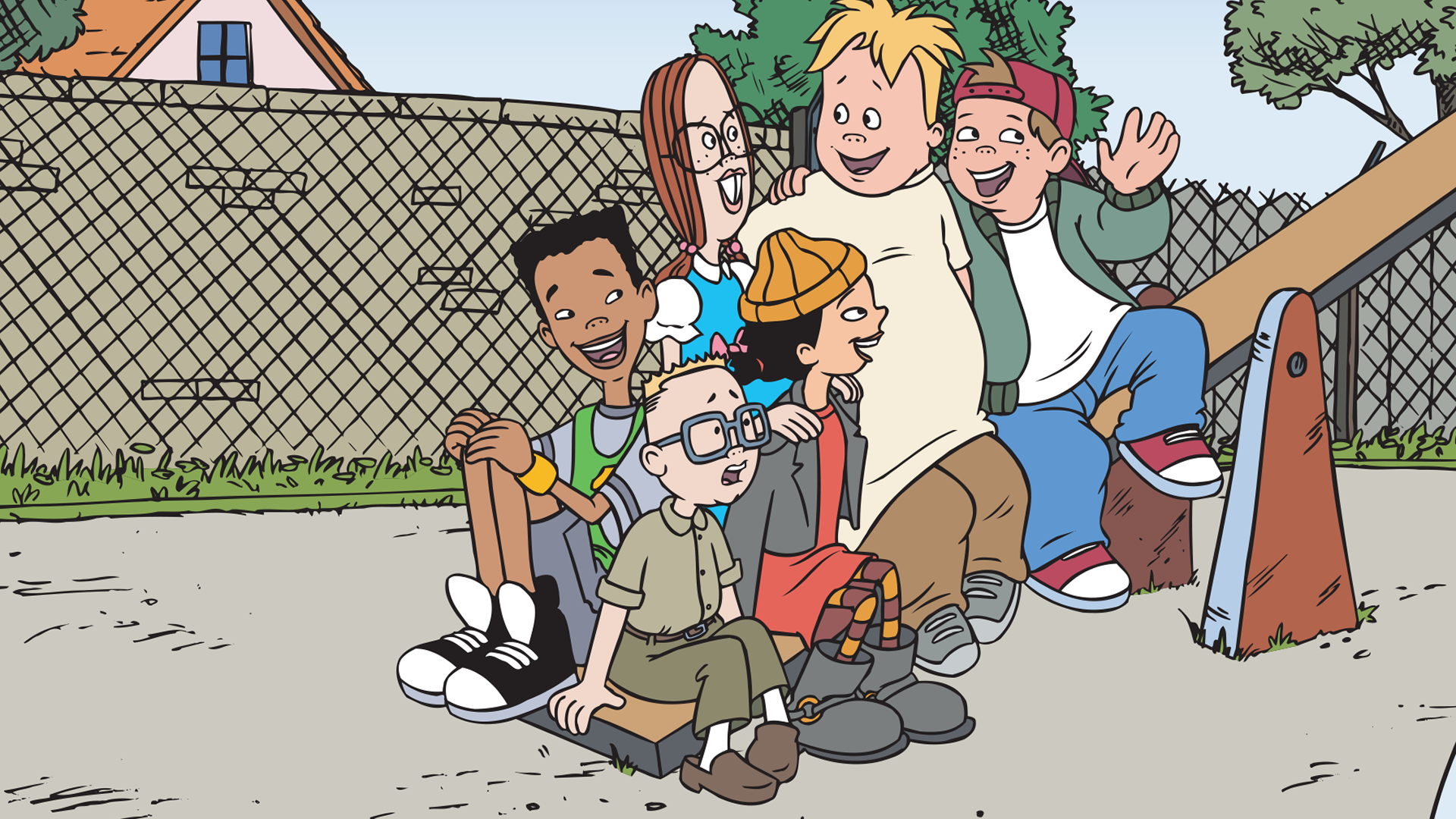 The six main characters from the Disney animated series Recess (Vince, Gus, Spinelli, Gretchen, Mikey, and T.J.) are gathered closely together on a school playground in front of a chain-link fence.